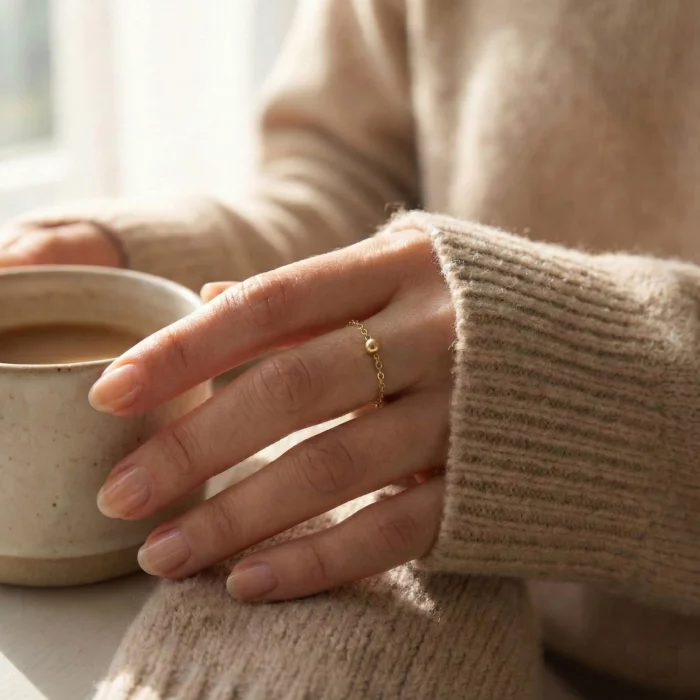 Luz Sutil – Anillo dorado con cadena y esfera minimalista - Imagen 3